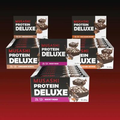 Musashi Deluxe Protein Bar Value Bundle Pack Cinnamon Scroll / Peanut Crunch / Chocolate Caramel Brownie
